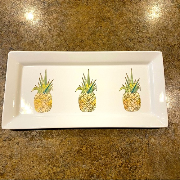 Pineapple Printed Serving Party Appetizer Hors d'oeuvres Platter Tray Gold Trim - Picture 1 of 6